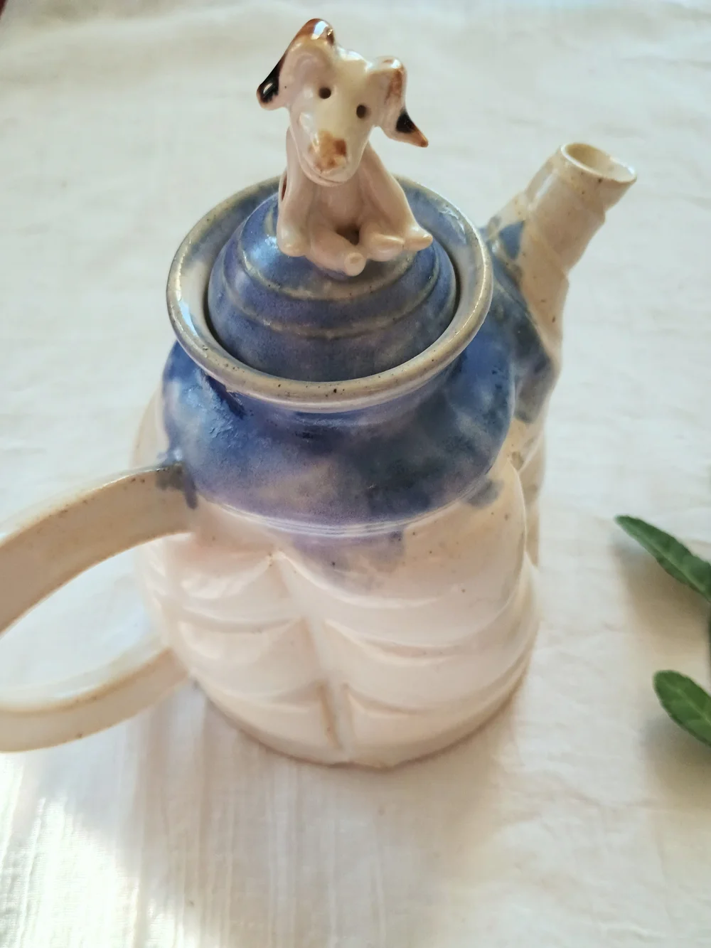 💙 STUDIO POTTERY 💙 Artisan, Hand-Thrown Pottery Teapot w Dog Accent, Quiet Lux